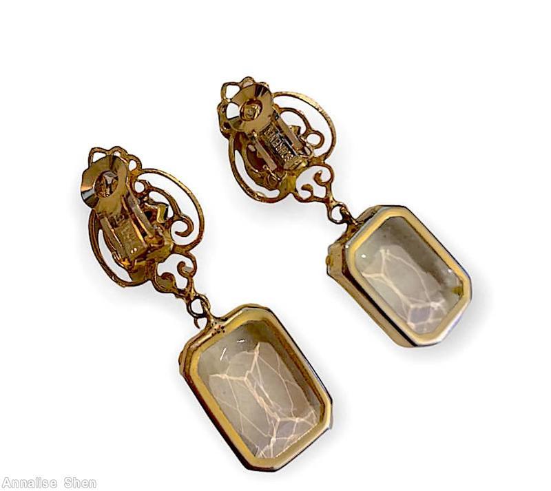 Schreiner top down dangle top navette 2 pearl scrollwork down large rectangle stone topaz navette smoky large square facted stone goldtone jewelry