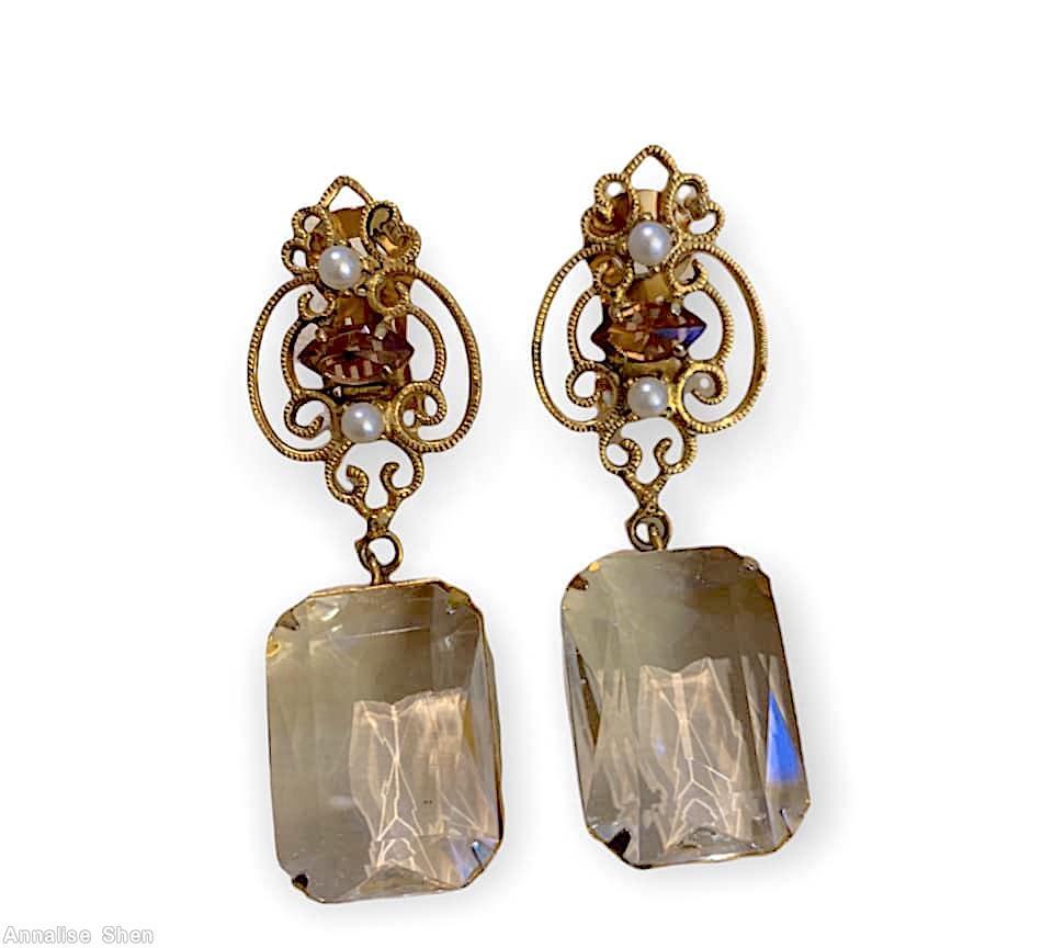 Schreiner top down dangle top navette 2 pearl scrollwork down large rectangle stone topaz navette smoky large square facted stone goldtone jewelry