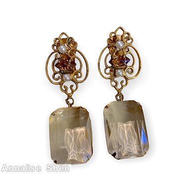 Schreiner top down dangle top navette 2 pearl scrollwork down large rectangle stone topaz navette smoky large square facted stone goldtone jewelry