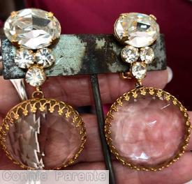 Schreiner top down dangling large rose cut disc large chaton top 3 small chaton crystal large rose cut open back goldtone jewelry