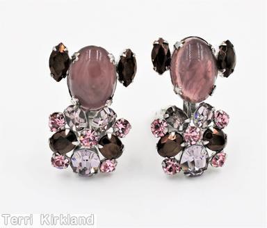 Schreiner top down earring top 1 large oval cab 2 navetted sided bottom 5 small chaton 4 small oval stone 1 chaton lavender marbled large oval cab brown metalic navette pale pink small chaton pale lavender silvertone jewelry