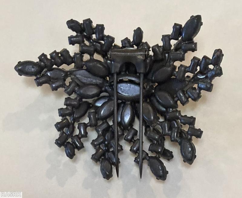 Schreiner 2 level radial 8 branch fur clip top level navette center 9 surrounding navette bottom level 8 baguette branch topaz crystal navette gun metal jewelry