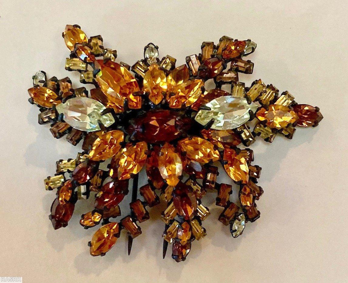 Schreiner 2 level radial 8 branch fur clip top level navette center 9 surrounding navette bottom level 8 baguette branch topaz crystal navette gun metal jewelry