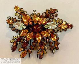 Schreiner 2 level radial 8 branch fur clip top level navette center 9 surrounding navette bottom level 8 baguette branch topaz crystal navette gun metal jewelry