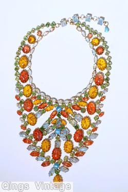 Schreiner 16 large oval cab giant waterfall bib necklace venetian glass coral aqua amber apple green coral jewelry