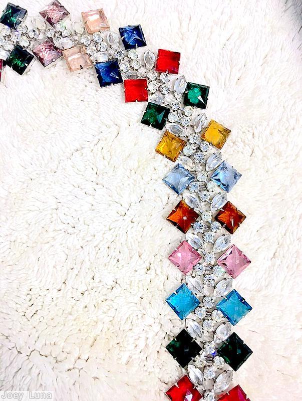 Schreiner 2 bordered row of 64 square stone chain of navette chaton ruby emerald ice blue brown amber aqua peach pink navy crystal jewelry