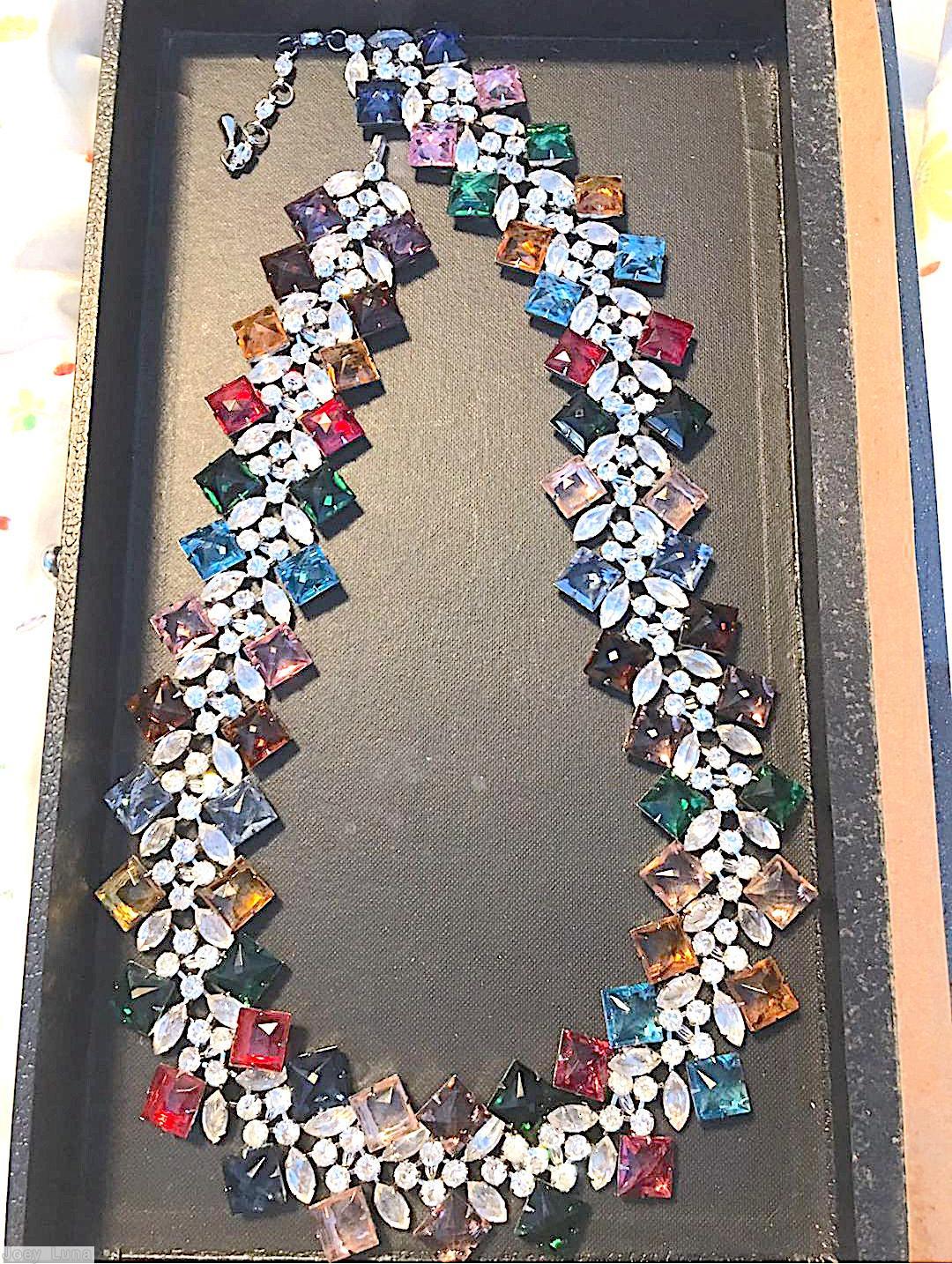 Schreiner 2 bordered row of 64 square stone chain of navette chaton ruby emerald ice blue brown amber aqua peach pink navy crystal jewelry