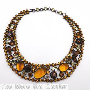 Schreiner 2 chain of small square stone 3 large oval open back cab amber brown light yellow japanned jewelry
