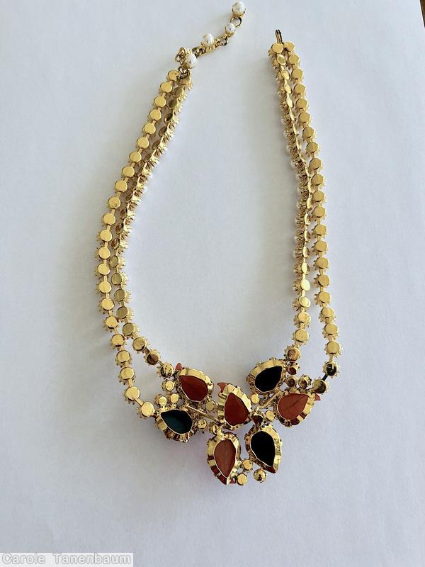 Schreiner 2 strand 4 carved leaf 3 large teardrop faux pearl carnelian carved leaf jet large teardrop goldtone jewelry