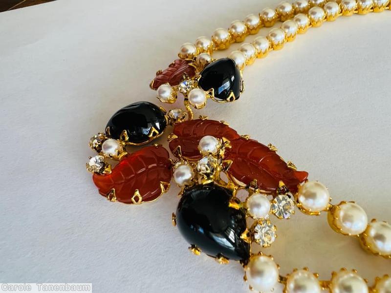 Schreiner 2 strand 4 carved leaf 3 large teardrop faux pearl carnelian carved leaf jet large teardrop goldtone jewelry
