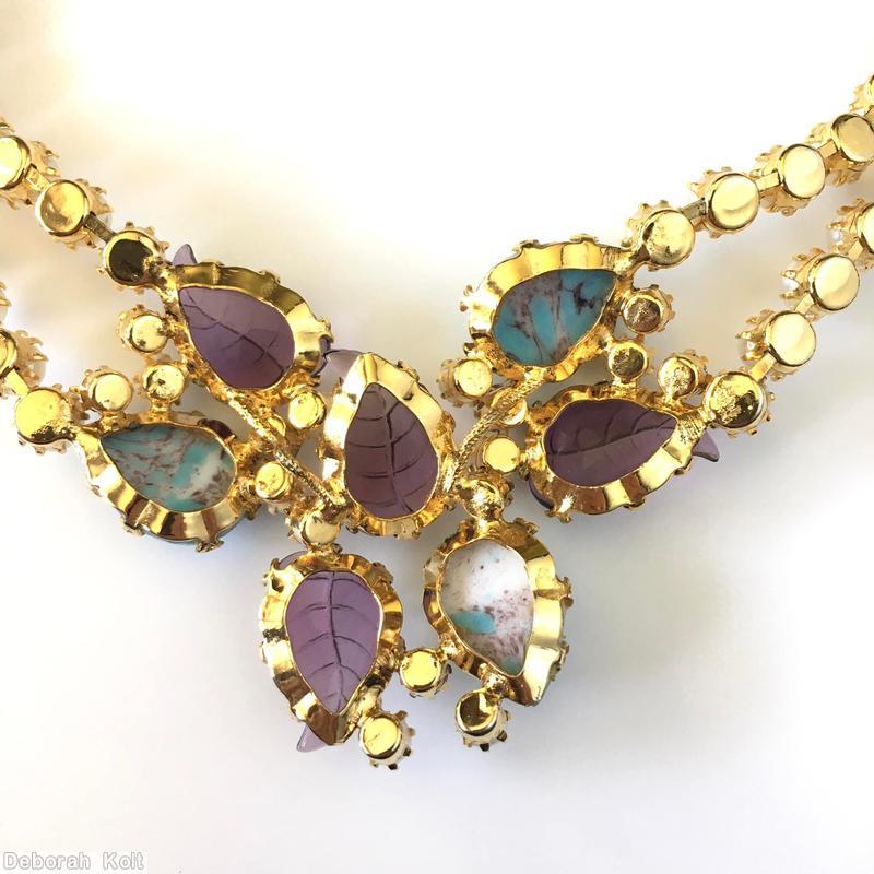 Schreiner 2 strand 4 carved leaf 3 large teardrop faux pearl turquoise plum carved leaf goldtone jewelry