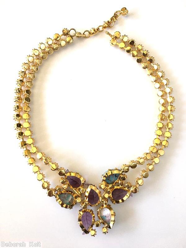 Schreiner 2 strand 4 carved leaf 3 large teardrop faux pearl turquoise plum carved leaf goldtone jewelry