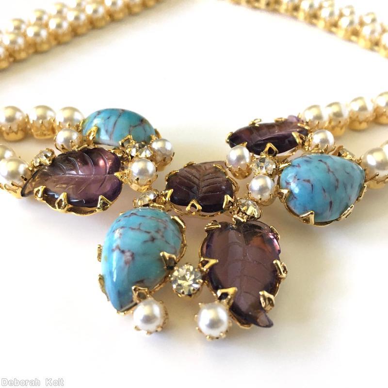 Schreiner 2 strand 4 carved leaf 3 large teardrop faux pearl turquoise plum carved leaf goldtone jewelry