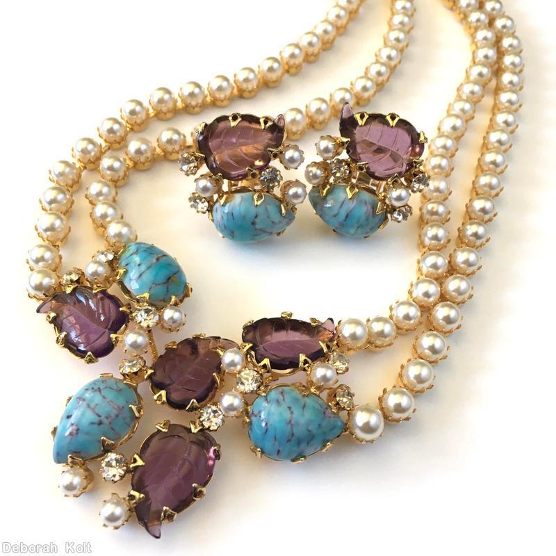 Schreiner 2 strand 4 carved leaf 3 large teardrop faux pearl turquoise plum carved leaf goldtone jewelry