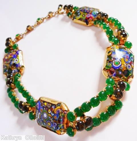 Schreiner 2 strand 4 large rectangle millefiori chain of chaton emerald goldtone jewelry