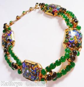 Schreiner 2 strand 4 large rectangle millefiori chain of chaton emerald goldtone jewelry