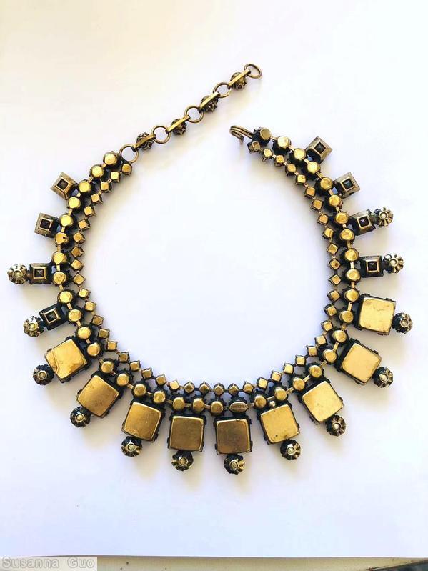 Schreiner 2 strand 9 large square stone radial necklace small stone strand 38 chaton strand 8 small square stone 13 faux pearl ruby navy stone emerald pearch color stone faux pearl crystal goldtone jewelry