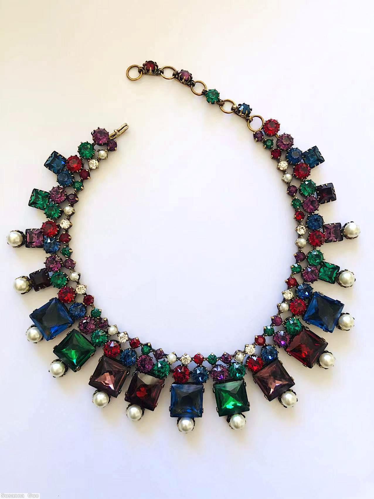 Schreiner 2 strand 9 large square stone radial necklace small stone strand 38 chaton strand 8 small square stone 13 faux pearl ruby navy stone emerald pearch color stone faux pearl crystal goldtone jewelry