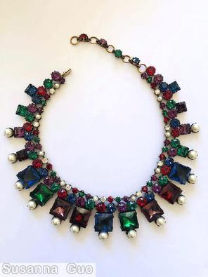 Schreiner 2 strand 9 large square stone radial necklace small stone strand 38 chaton strand 8 small square stone 13 faux pearl ruby navy stone emerald pearch color stone faux pearl crystal goldtone jewelry