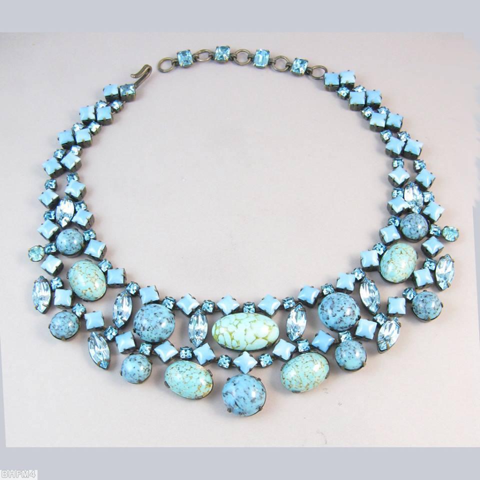 Schreiner 2 strand of square stone 5 large oval cab 9 chaton tilted outer stone turquoise ice blue baby blue jewelry