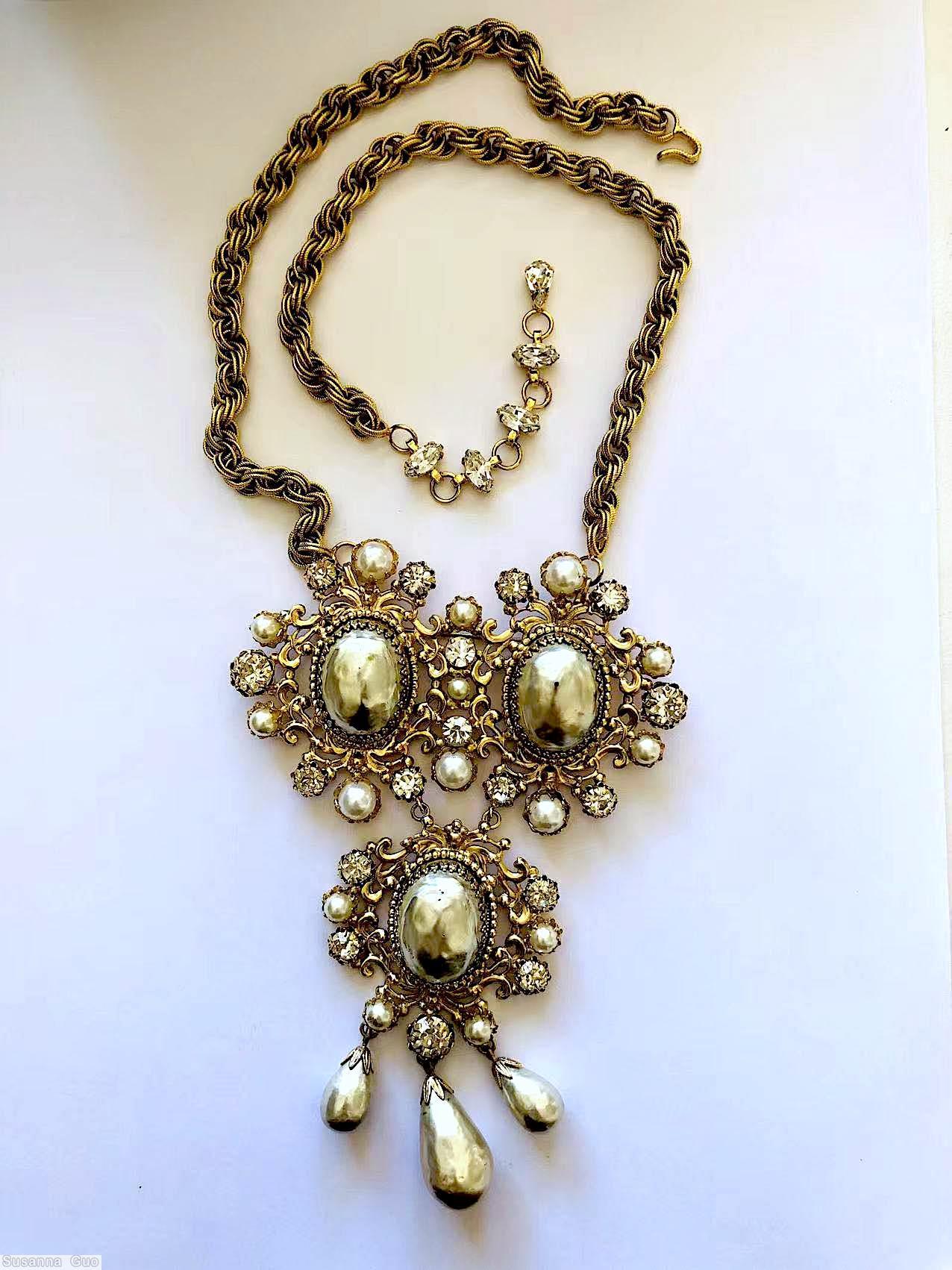 Schreiner 3 large oval stone triangle pendant 3 large teardrop dangle molded metal floral decoration mesh chain silver metalic large oval cab silver metalic large teardrop pearl faux pearl small crystal chaton goldtone jewelry