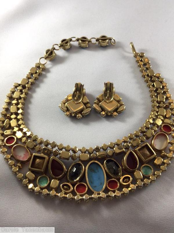 Schreiner 3 rounds 11 varied size large stone necklace end of day turquoise baby blue coral jet ruby emerald navy blue goldtone jewelry