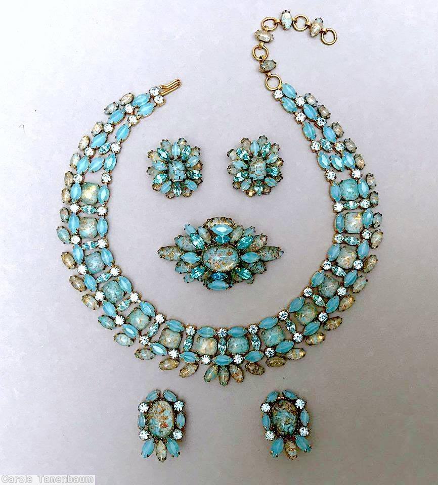 Schreiner 3 rounds 14 emerald cut middle round tilted smooth navette outer round venetian ice blue ice blue aqua goldtone jewelry