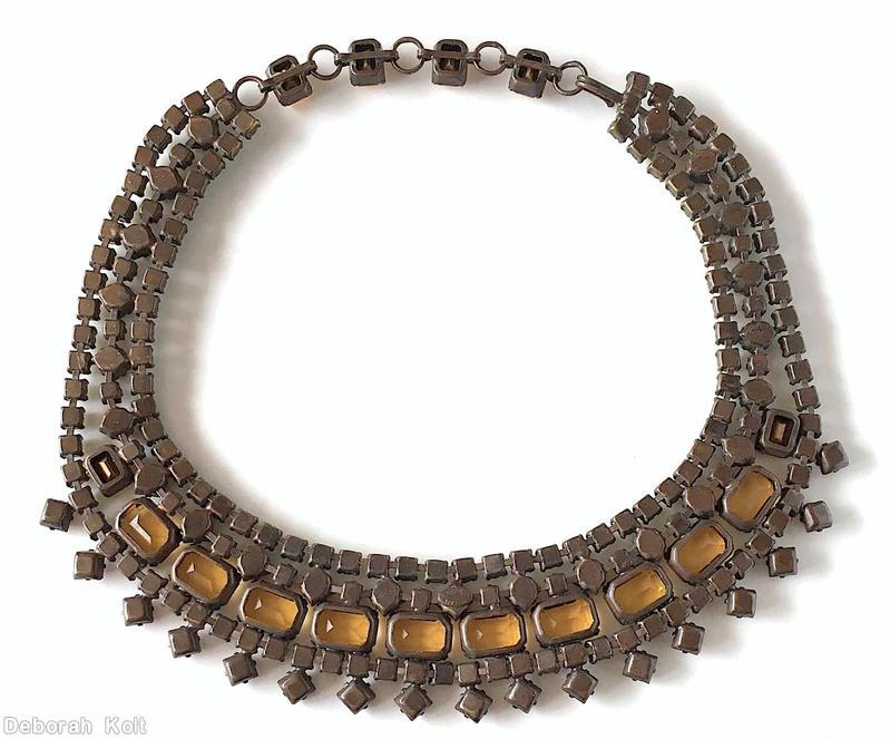 Schreiner 3 strand large 10 emerald cut drippy necklace 17 drippy small square stone large emerald cut topaz champagne small chaton small square carnelian small topaz square copper back jewelry