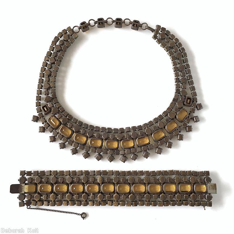 Schreiner 3 strand large 10 emerald cut drippy necklace 17 drippy small square stone large emerald cut topaz champagne small chaton small square carnelian small topaz square copper back jewelry