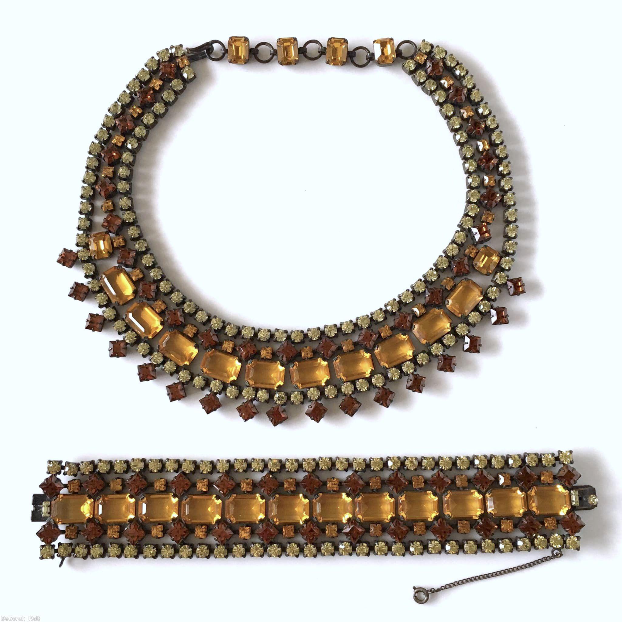 Schreiner 3 strand large 10 emerald cut drippy necklace 17 drippy small square stone large emerald cut topaz champagne small chaton small square carnelian small topaz square copper back jewelry