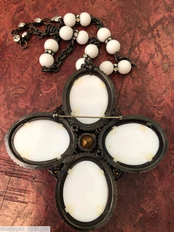 Schreiner 4 large oval radial marltese pendant chaton center 4 baguette 4 triangle stone white milk glass large white cabochon crystal milk white bead chain crystal chaton jewelry