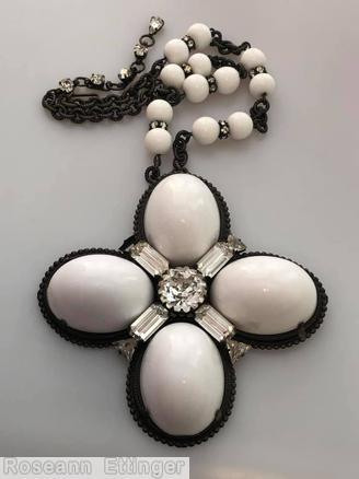 Schreiner 4 large oval radial marltese pendant chaton center 4 baguette 4 triangle stone white milk glass large white cabochon crystal milk white bead chain crystal chaton jewelry