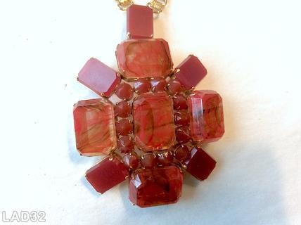 Schreiner 5 large emerald cut radial pendant 14 surrounding small stone 4 rectangle stone at corner book chain necklace with 2 rectangle stone 2 emerald cut carnelian  swirled glass nugget goldtone jewelry