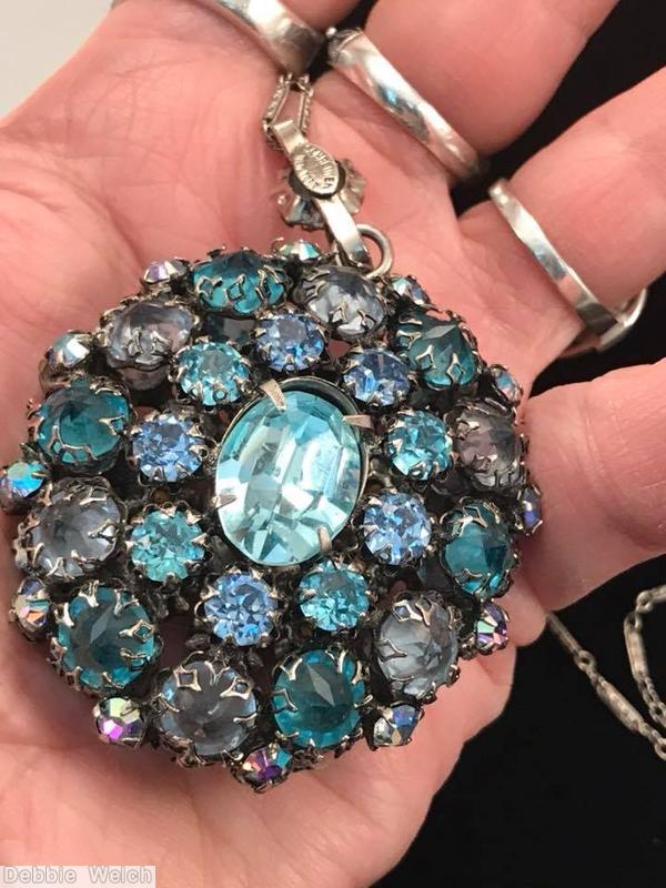 Schreiner double sided oval ball pendant large oval center 3 rounds each side ice blue large oval faceted cab smoke aqua ab chaton jewelry