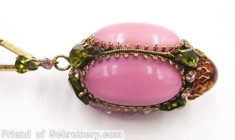 Schreiner egg pendant 4 large oval cab 4 teardrop top large chaton bottom goldtone opaque pink peridot amber jewelry