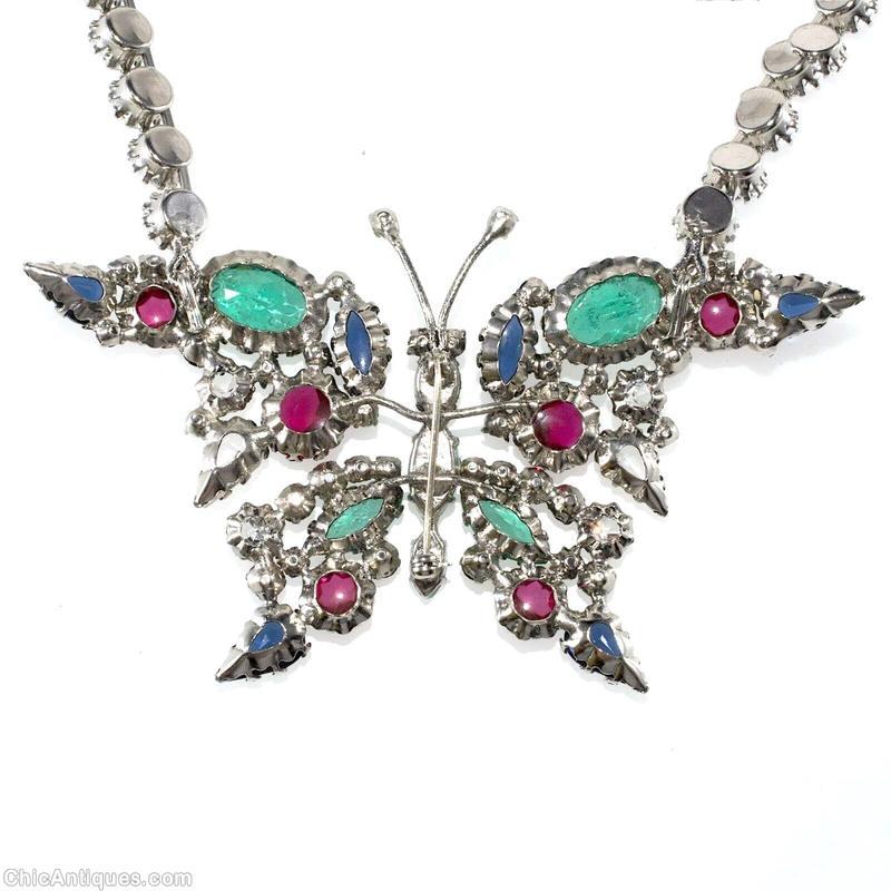 Schreiner giant butterfly double bale single chain 2 large oval cab teardrop wing tip green large oval cab navy pink turquoise body faux pearl seeds crystal inverted jewelry