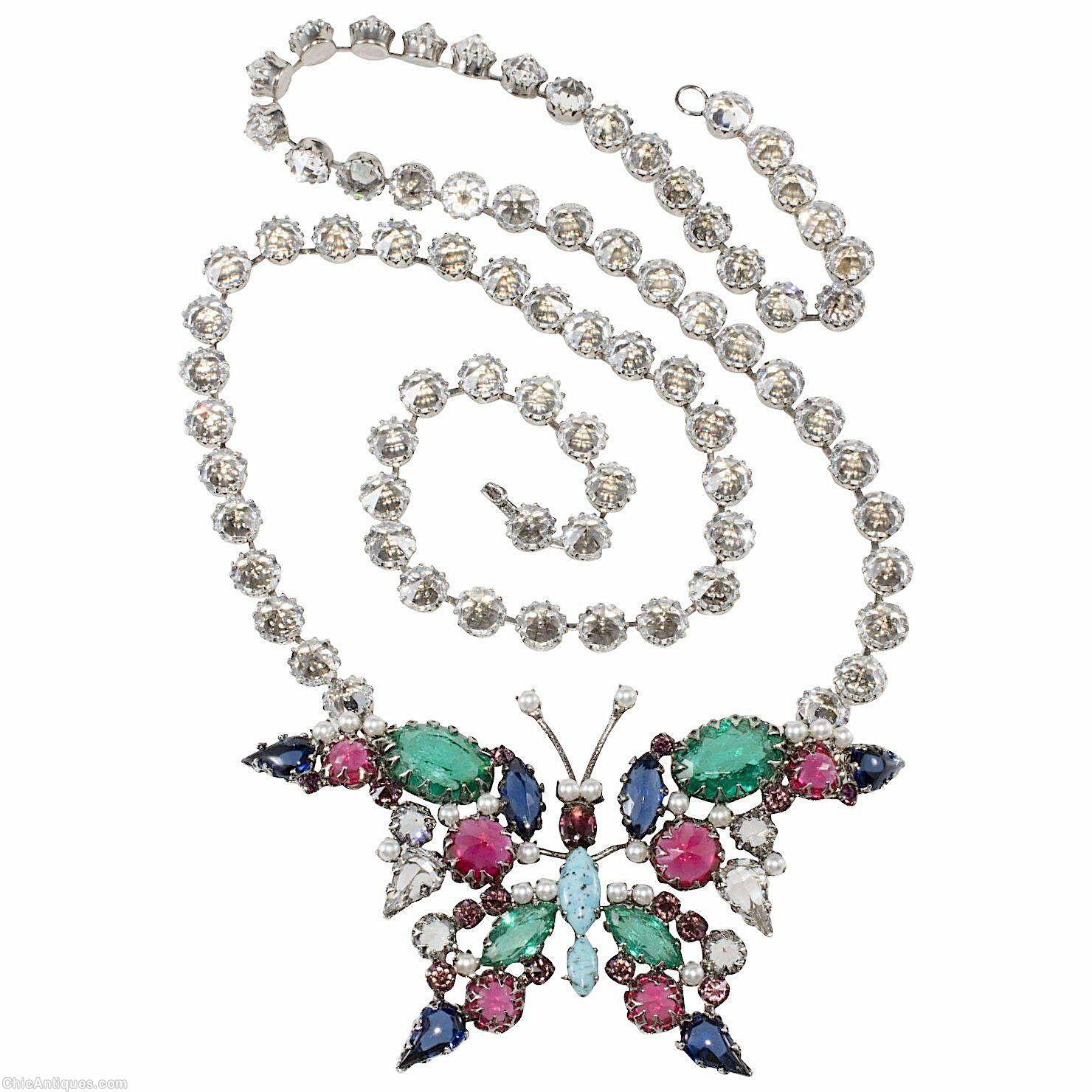 Schreiner giant butterfly double bale single chain 2 large oval cab teardrop wing tip green large oval cab navy pink turquoise body faux pearl seeds crystal inverted jewelry