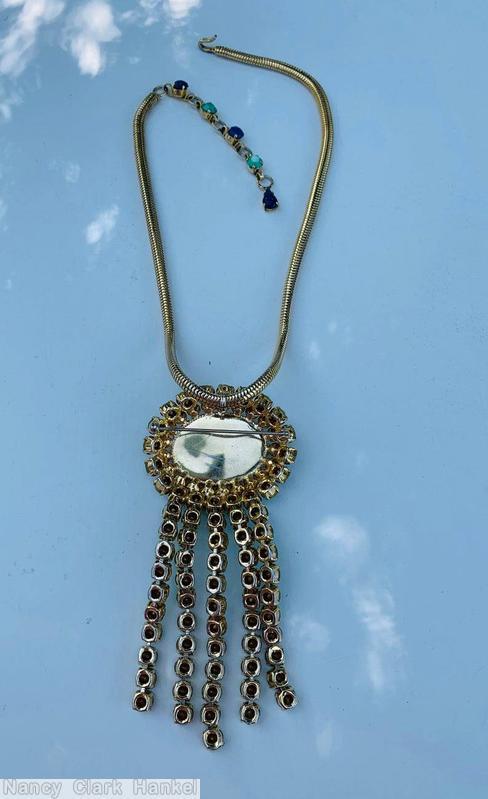 Schreiner large oval millefiori top 21 surrounding small stone 5 dangling fringe opaque green lapis chaton goldtone jewelry