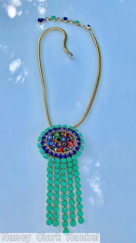 Schreiner large oval millefiori top 21 surrounding small stone 5 dangling fringe opaque green lapis chaton goldtone jewelry