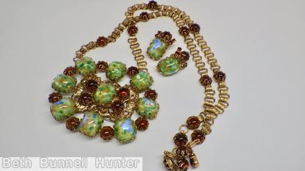 Schreiner radial rectangle pendant 9 large emerald cut metal deco goldtone brown art glass speckled green coral book chain with chaton jewelry