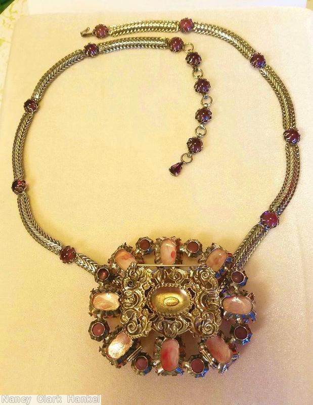 Schreiner radial rectangle pendant 9 large emerald cut metal deco goldtone metal metal chain yellow speckled coral emerald cut ruby chaton jewelry