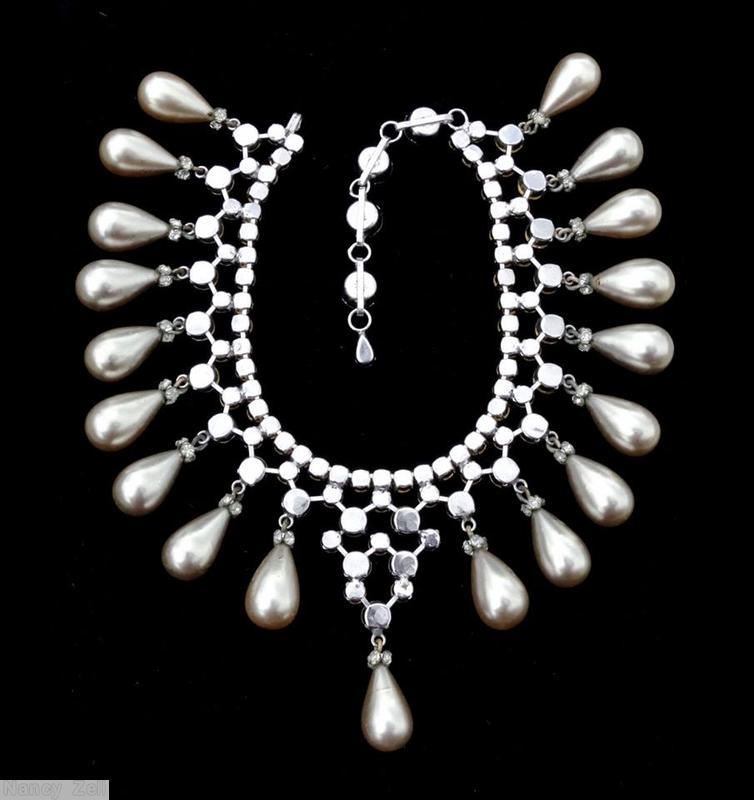 Schreiner single chain of small chaton 19 drippy large faux pearl chaton net crystal silver faux pearl silvertone jewelry