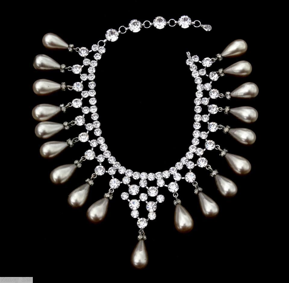 Schreiner single chain of small chaton 19 drippy large faux pearl chaton net crystal silver faux pearl silvertone jewelry