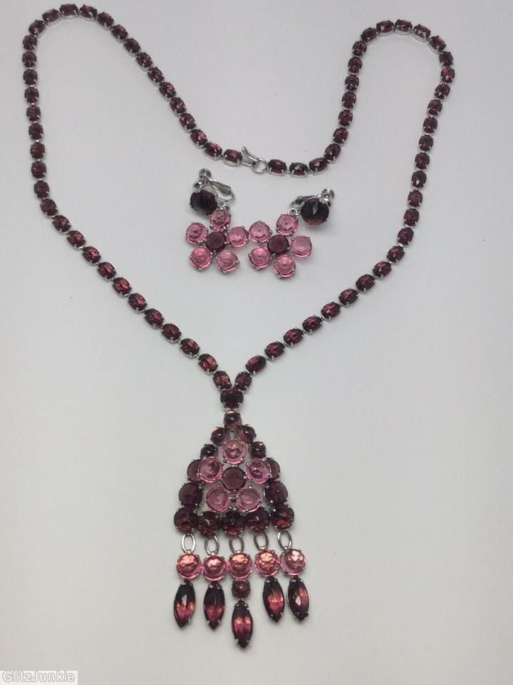 Schreiner single chain of small emerald cut triangle shaped pendant with 5 dangling chaton navette ice pink raspberry silvertone jewelry