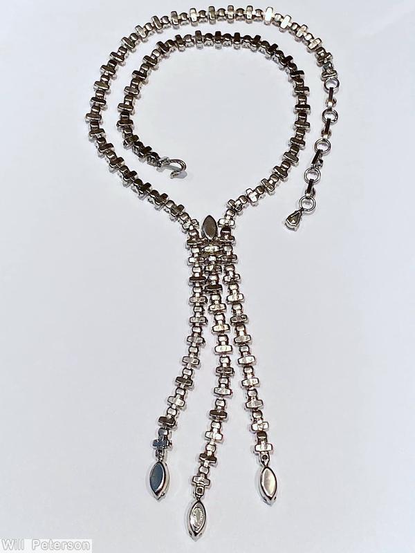 Schreiner single chain of vertical baguette necklace 3 long dangling branch ab silvertone jewelry