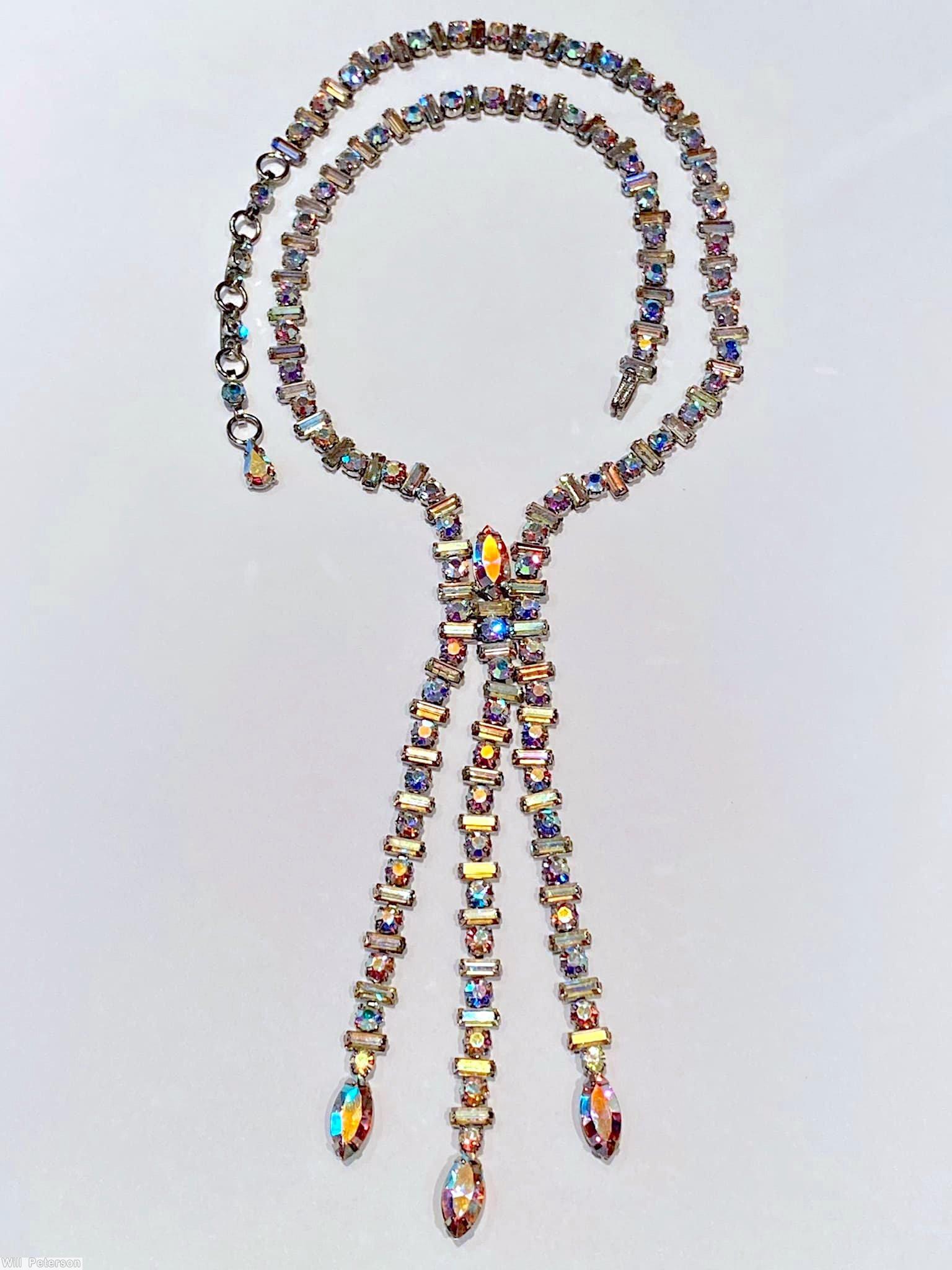 Schreiner single chain of vertical baguette necklace 3 long dangling branch ab silvertone jewelry