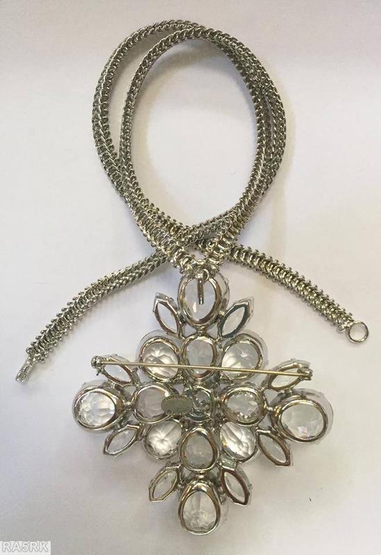 Schreiner single metal mesh chain 2 level cross pendant 12 teardrop stone crystal silvertone jewelry