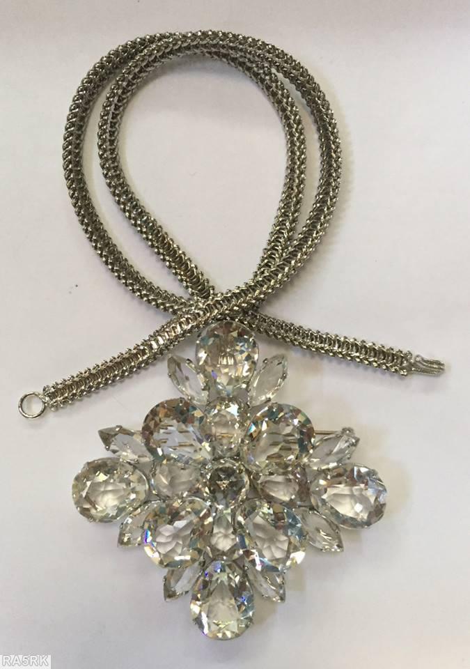 Schreiner single metal mesh chain 2 level cross pendant 12 teardrop stone crystal silvertone jewelry
