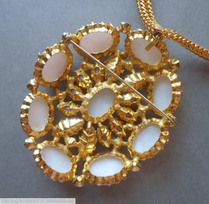 Schreiner single metal mesh chain 8 large oval cab side domed oval pendant oval cab center 4 large navette 8 small navette goldtone white chalk pin large oval cab pink jewelry