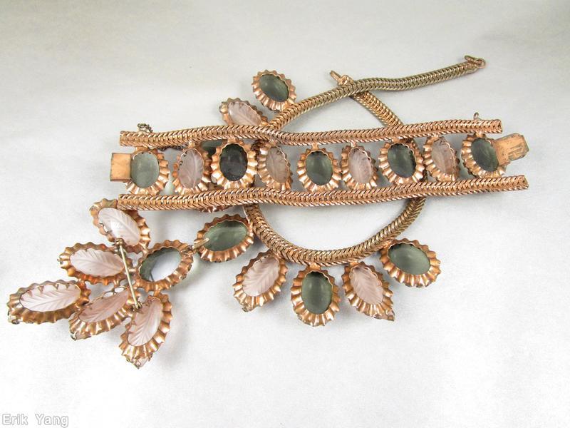 Schreiner single metal mesh chain 9 engraved leaf 5 large oval cab bib necklace peach smoke copper back jewelry